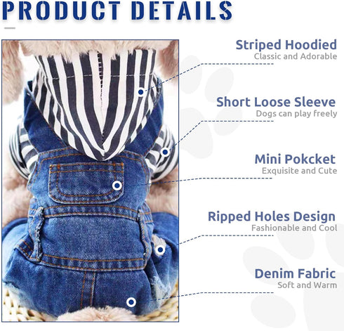 Small Dog Hoodie Clothes, Cute Stripe Shirts Denim Jumpsuit for Small Medium Dogs, Blue Jeans Overalls