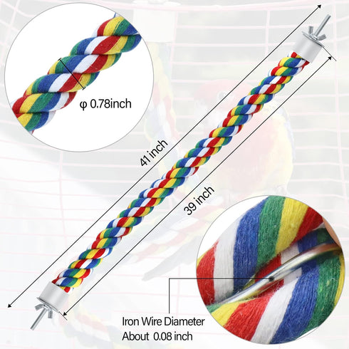 Bird Rope Perches for Parrots, Cockatiels, Parakeets, Budgie Cages, Comfy Colorful Rope Toy (41inch Metal Nut)