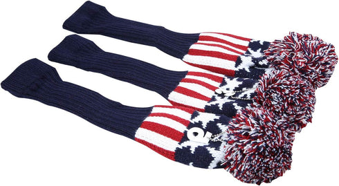 Golf Builder 3pcs USA Stars and Stripes Knitted Golf Head Cover, Driver Fairway Wood Pom Pom