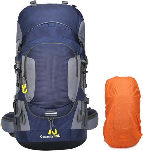 ShowyLive 60L Waterproof Hiking Backpack for Men - Durable, Lightweight with Rain Cover and Adjustable Straps, Blue