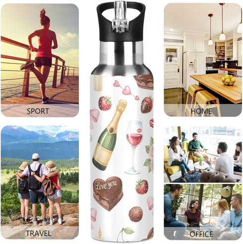 Wassud 32 oz Water Bottle Red Wine and Roses Stainless Steel Sport Water Bottle with Straw Insulated Water Bottles