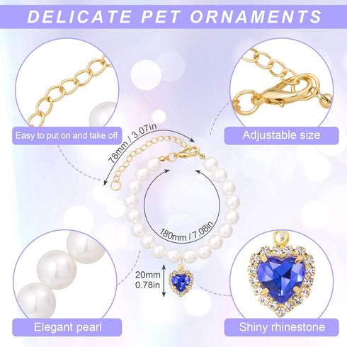 Cat Dog Pearl Necklace Collar 2pcs, Cute Fancy Jewelry Accessories with Heart Shape Rhinestone for Small Pets