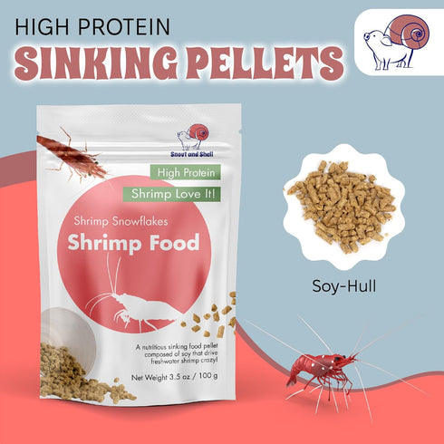 3.5oz/100mg Snout and Shell Snowflakes Shrimp Food - High Protein Sinking Soy Pellets for Tropical Freshwater