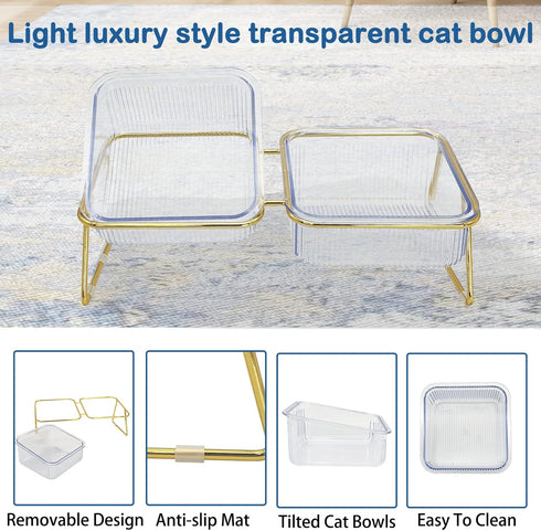 Elevated Double Cat Bowls,5.7" Pets Water and Food Bowl 15°Tilted Transparent Raised Kitten Food Feeding Dishes with Iron Stand Anti Slip kitty Dishs Rose Gold Bowl Set for Kittiens Small Dogs