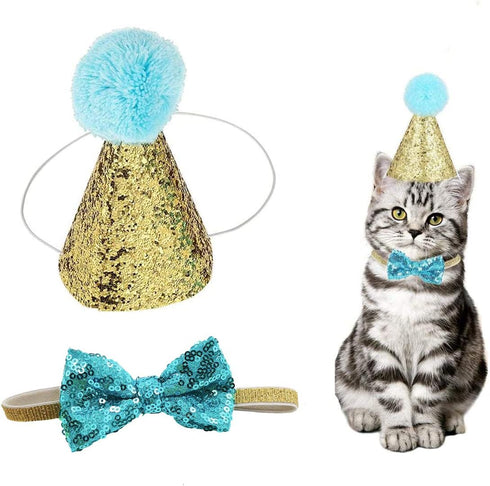 Christmas Pet Party Jazz Hat and Blingbling Bow Tie Breakaway Collar Set - Adjustable Headband for Small Dogs, Cats (01