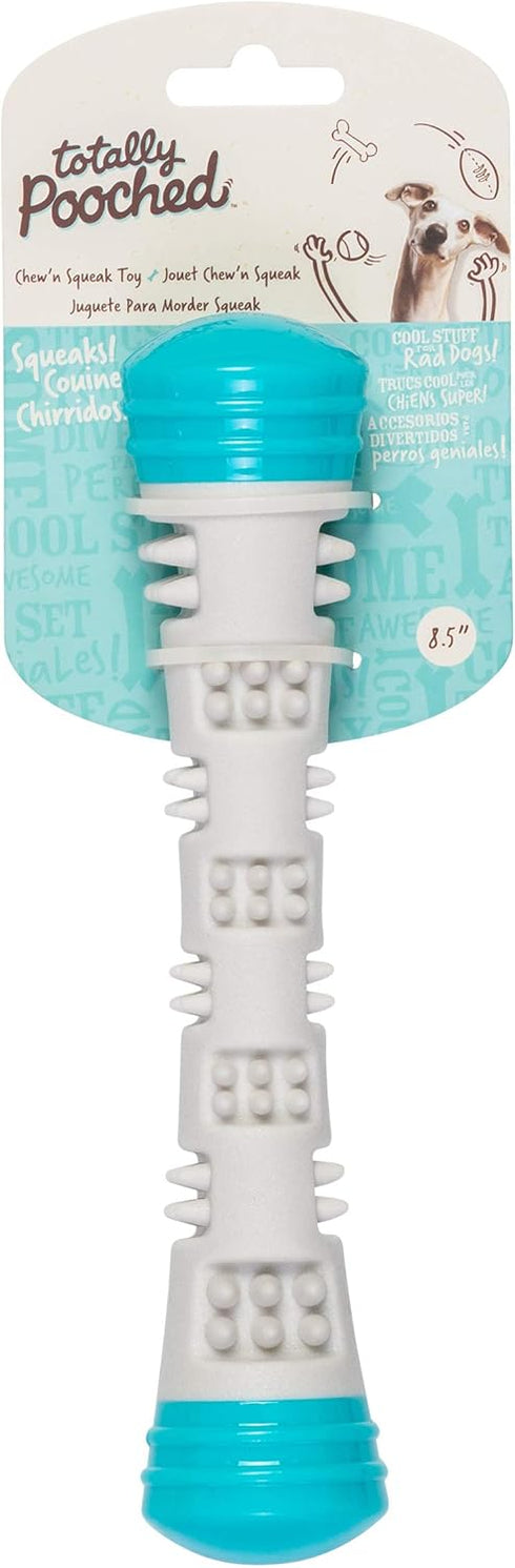 Messy Mutts Totally Pooched Chew n' Squeak Stick, Small 8.5” Durable TPR Dog Toy with Squeaker, Grey/Teal