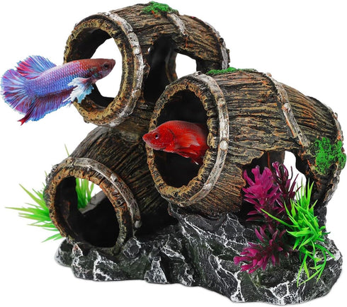 UNEAK Aquarium Decorations, Three Stacked Broken Barrels Ornament for Fish Tank Landscaping, Resin for