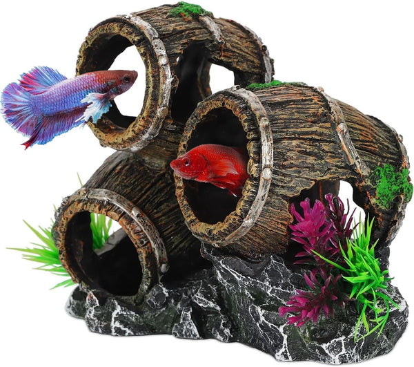UNEAK Aquarium Decorations, Three Stacked Broken Barrels Ornament for Fish Tank Landscaping, Resin for