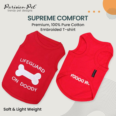 Parisian Pet Dog Tshirt, "Lifeguard on Doody" Embroidered, Red, Pure Cotton, XL3, Machine Washable