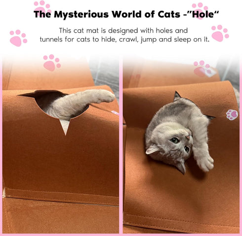 4-Way Interactive Cat Tunnel Mat for Indoor Cats, Felt Cat Cave with Hanging Ball, Foldable Kitty Play Mat and Hideout