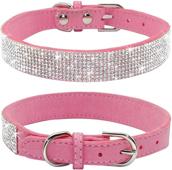 Rhinestone Dog Collar, Cute Dazzling Sparkling Soft Suede Leather Dog Cat Collar, Crystal Diamond Pet Collar (Pink, L)