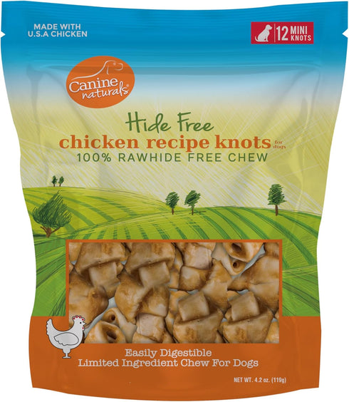 Canine Naturals Chicken Recipe Chew Dog Treats - Rawhide Free, All-Natural, 12 Pack Mini Knots for Dogs 5-20lb