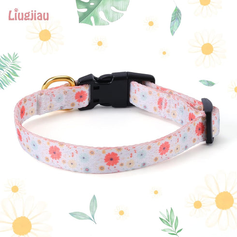 Cotton Handmade Dog Collar - Beige Daisy with Pendant for Small Medium Large Dogs, Cute Ideal for Girl Boy Dogs, Large