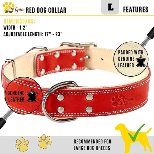 ADITYNA Heavy-Duty Premium Red Leather Dog Collar for Large Dogs - Padded for Walking, Training, Playing
