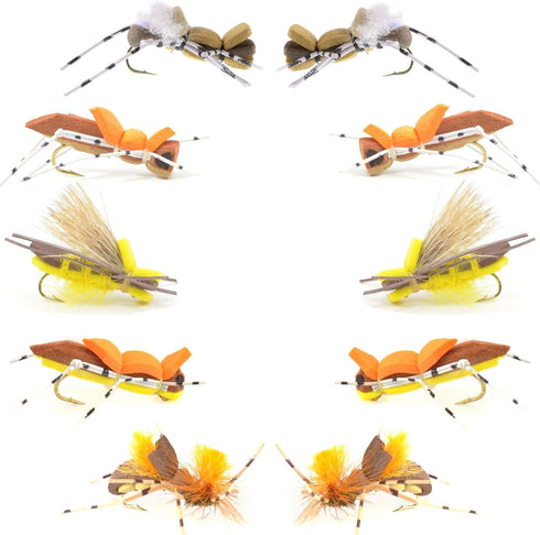 The Fly Fishing Place Basics Collection - 10 Dry Fishing Grasshopper Flies, Foam Hoppers Dry Fly Assortment - 5