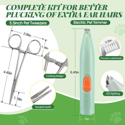 Set 30g Trimmer 5.5in Dog Ear Powder Hair Removal KitSafe Grooming with Ear Powder, LED Silent & Tweezers All-in-One