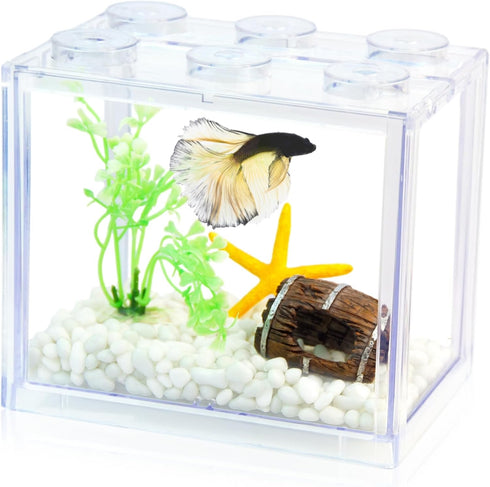 Small 0.6 Gallon Betta Fish Tank Kit, Stackable Mini Aquarium with Gravel & Resin Decorations, Clear Desktop Fishbowl