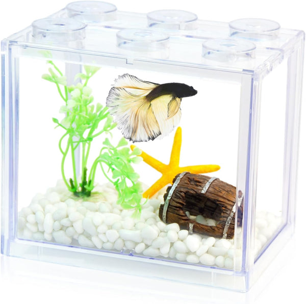 Small 0.6 Gallon Betta Fish Tank Kit, Stackable Mini Aquarium with Gravel & Resin Decorations, Clear Desktop Fishbowl
