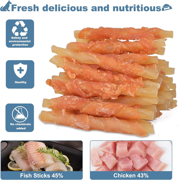 Dog Treats Soft Chews Rawhide Free Chicken Wrapped Cod Sticks, Puppy Training Snacks Dog Chews 0.5lb/227g