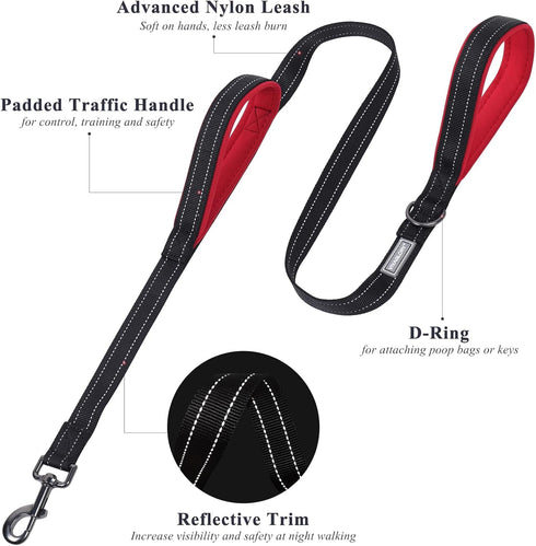 VIVAGLORY Black Traffic Handle Dog Leash with Two Padded Soft Handles, Strong Reflective & Metal Hook for Training