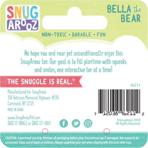 Health Extension SNUG AROOZ Bella The Bear Stuffed Animal for Dogs, Durable Soft Squeaky Toy for Chewers, Purple