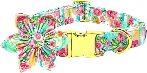 Dog Collar Pink Flowers Print, Cute Girl Collar with Flower Adjustable Metal Buckle Gift for Large Dogs