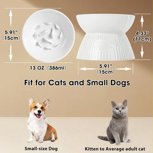 Elevated Slow Feeder Cat Bowl, Ceramic, Spill-Proof & Anti-Tipping, Easy to Clean, Raised for Dry & Wet Food