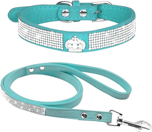 Cute Dazzling Sparkling Soft Suede Leather Bling Rhinestone Crystal Jeweled Pet Collar & Leash Combo Set (M, Blue-5),