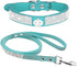 Cute Dazzling Sparkling Soft Suede Leather Bling Rhinestone Crystal Jeweled Pet Collar & Leash Combo Set (M, Blue-5),