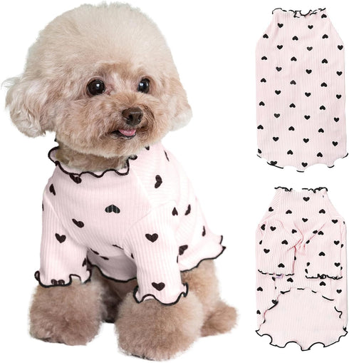 Heart Print Shirt for Small Dogs & Cats, Stretchable Ruffle Long Sleeve Outfits for Chihuahua, Schnauzer, Shih Tzu,