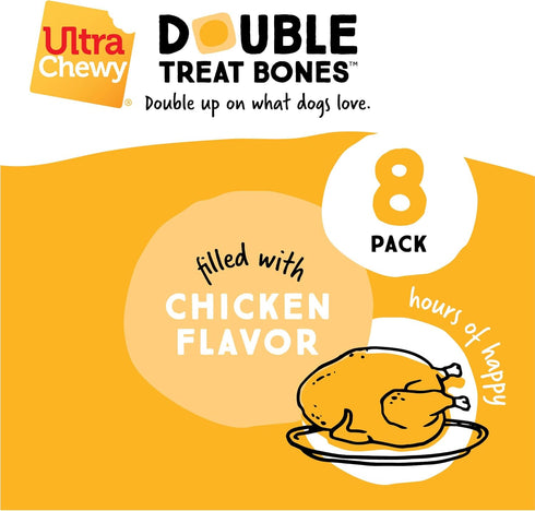 Ultra Chewy Chicken Double Treat Bones - Long-Lasting Dog Treats, 12 Count, Made in USA