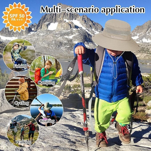 Outdoor Kids Sun Hat for Girls Boys, Breathable UPF 50+ Cap, Wide Brim Summer Beach Bucket Hat