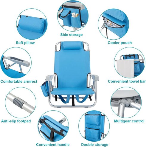 Kcelarec Backpack 5 1-Low Folding Beach Chair with Positions, Carry Handle, Storage Pouch, Cup Holder,Outdoor Reclining