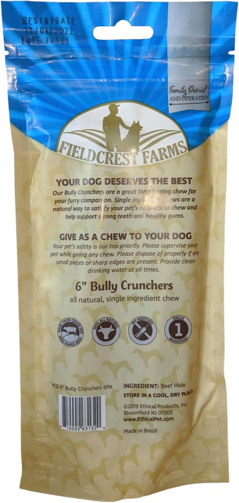 Fieldcrest Farms 6-Inch 2040 lbs, 6 Count Bully Crunchers Beef Hide Dog Chews, Single Ingredient Bully Stick
