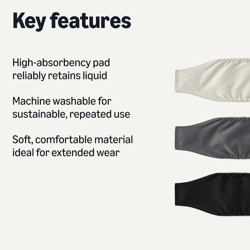 3-Pack, Amazon Basics Reuseable Dog Diapers Male, Washable Highly Absorbent, XS Size, Black, Grey, Silver