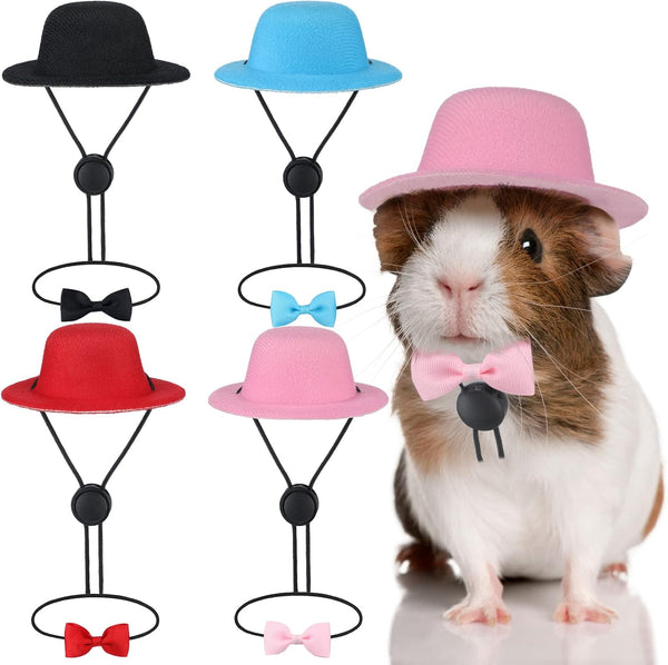 8 Pieces Guinea Pig Clothes, 4 Sets Bow Ties, Pet Hats, Kawaii Black Hat Outfit for Hamster, Ferret, Cat, Puppy
