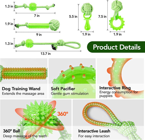 Puppy Toys 5 Pack for Energetic Puppies, Durable Chew Toys with High Density Rubber and Rope