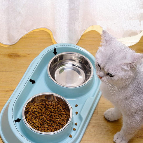 Double Dog Cat Food Bowls - Stainless Steel Pet Bowls with Non-Skid PP Station, No-Spill Feeder
