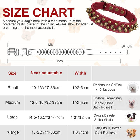 Spiked Leather Dog Collar with Bullet Rivets, Soft Adjustable Collar for Small Medium Large Dogs, Red, L.