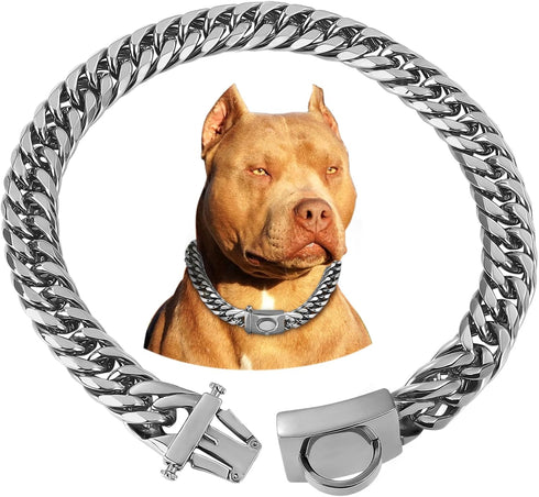 BAOBOTE Silver Chain Dog Collar, 16MM 18K Silver Heavy Duty Cuban Link with Secure Snap Buckle, Chew Proof (16" Silver)