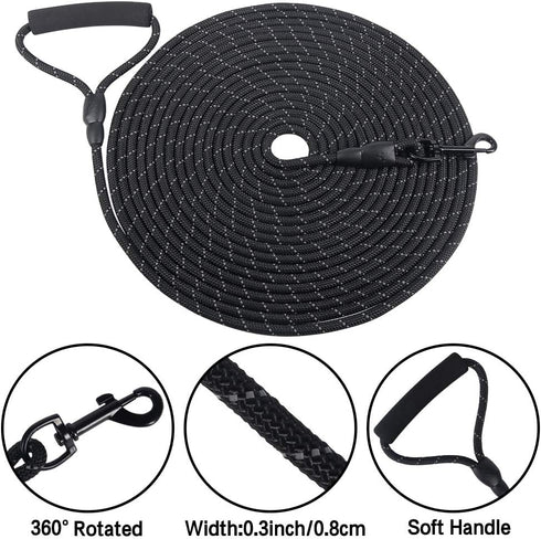 Vivifying Long Dog Leash, 20ft Reflective Training Leash for Outside, Soft Handle for Beach and Swimming (Black)