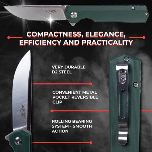 Firebird GANZO FH11 Folding Knife, D2 Steel Blade, Anti-slip G10 Handle with Clip for Outdoor