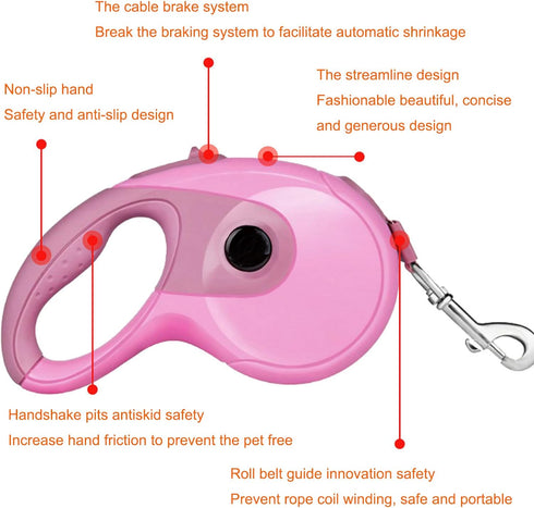 Retractable Dog Leash, 9.8FT for Small Medium Dog Up to 45lbs, One-Handed Brake, Pause, Lock, Anti-Slip Handle, Pink 3M
