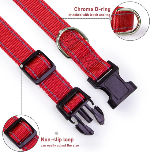 Adjustable Reflective Dog Collar with Buckle, Safety Nylon for Small Medium Large Dogs, Red M