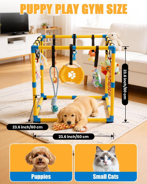 Grevigily 23.6"x 23.6" 12 Puppy Play Gym for Small Dogs, Large Indoor Dog Jungle Gym with Hanging Toys& Non-Slip Pads