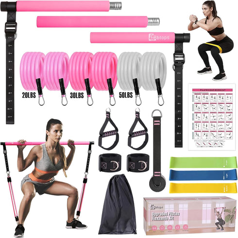 Pilates Bar Kit with Resistance Bands - Stackable Bands Workout Equipment for Legs, Hip, Waist, Arm