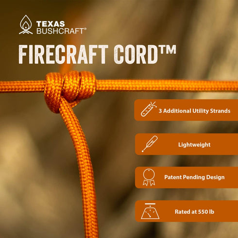 Firecraft Cord - Utility Paracord Survival Rope, Parachute Cord for Emergency Preparedness, Fishing, Sewing, Tinder