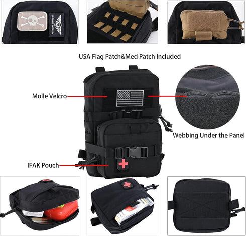 Tactical Mini Molle Hydration Pack - Hydration Carrier with IFAK Pouch, US Flag & Med Patch (Black)