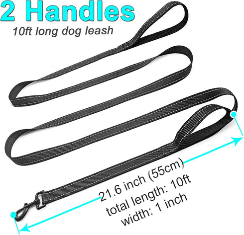 10 FT Traffic Leash with 2 Handles, Reflective Dog Leash for Large Medium Dogs, Easy Control Training Lead, Black