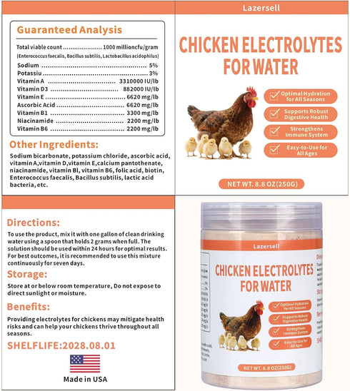 Lazersell Immunity, 8.8 OZ Chicken Electrolyte for Water, Ideal for Hydration, Digestive Health, Chicken Vitamins